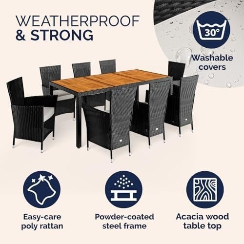 9 Piece Rattan Garden Dining Set 190x90 Table 8 Stackable Chairs Cushions - Kwikley