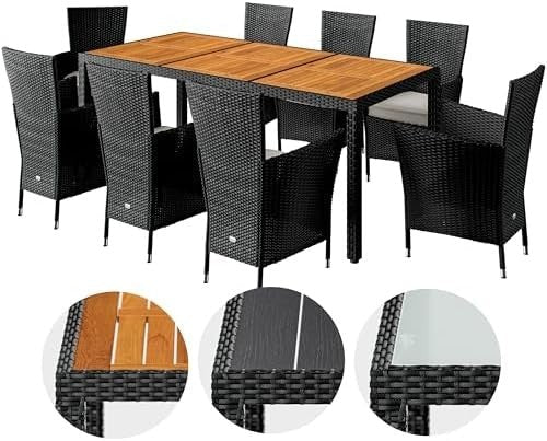 9 Piece Rattan Garden Dining Set 190x90 Table 8 Stackable Chairs Cushions - Kwikley