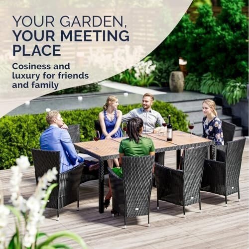 9 Piece Rattan Garden Dining Set 190x90 Table 8 Stackable Chairs Cushions - Kwikley
