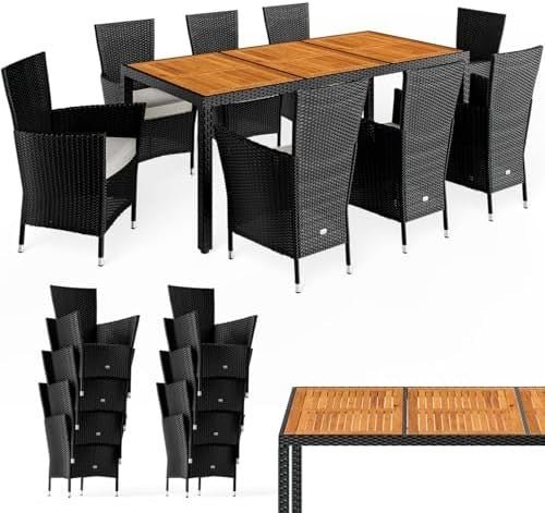 9 Piece Rattan Garden Dining Set 190x90 Table 8 Stackable Chairs Cushions - Kwikley
