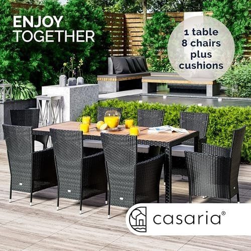 9 Piece Rattan Garden Dining Set 190x90 Table 8 Stackable Chairs Cushions - Kwikley