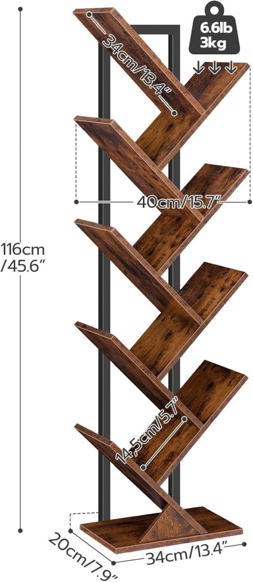 9 Tier Tree Bookshelf Tall Bookcase CD DVD Storage Shelf Rustic Brown - Kwikley