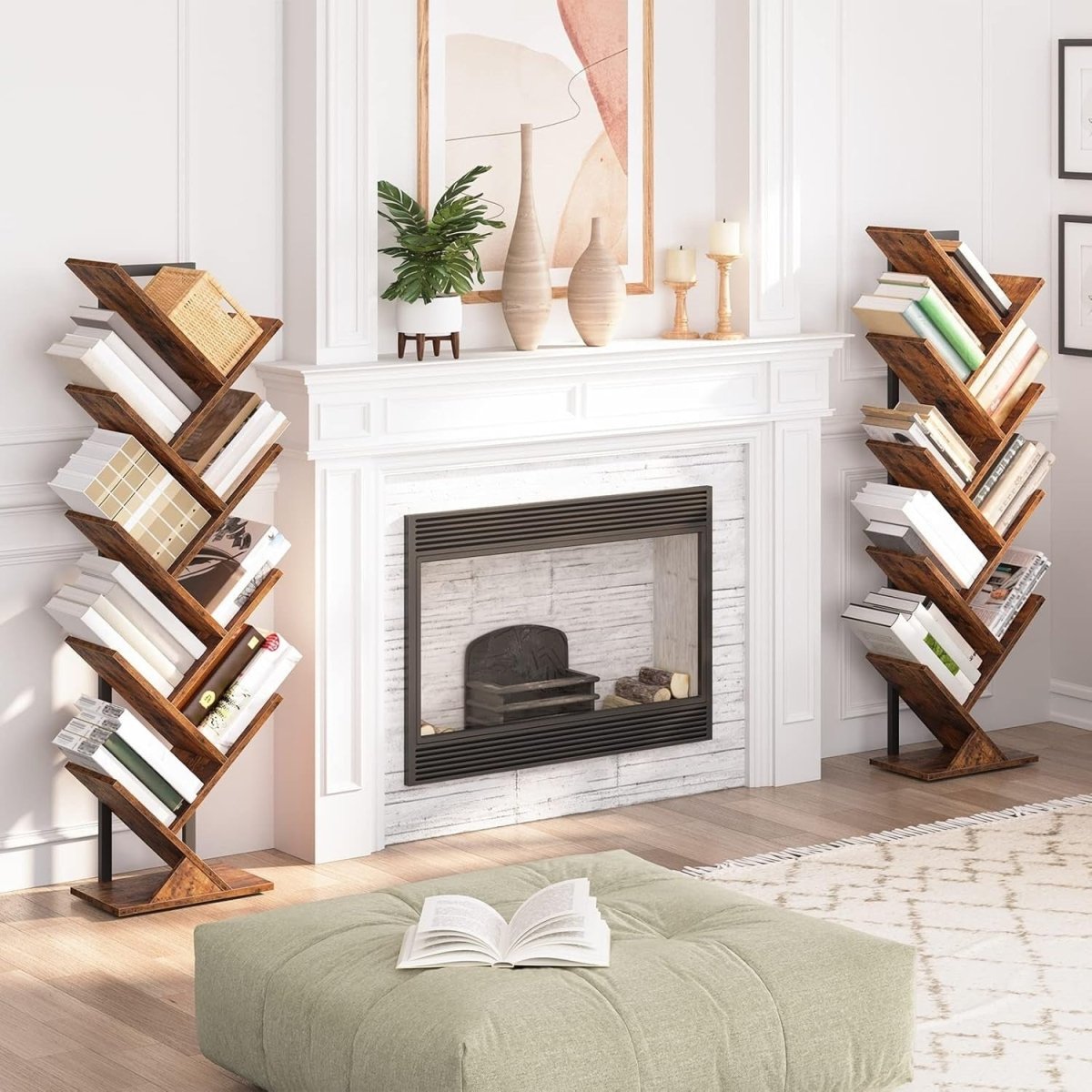 9 Tier Tree Bookshelf Tall Bookcase CD DVD Storage Shelf Rustic Brown - Kwikley