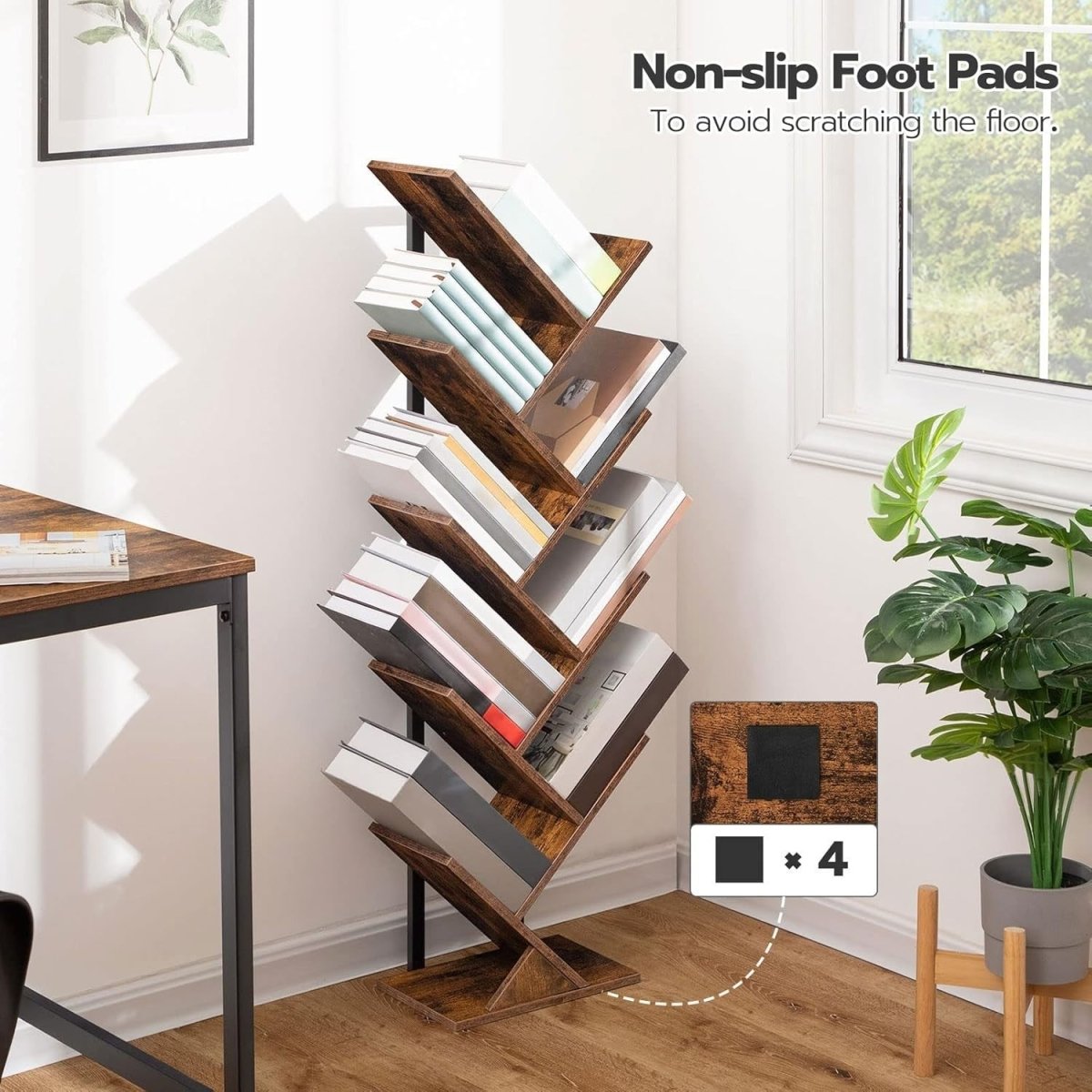 9 Tier Tree Bookshelf Tall Bookcase CD DVD Storage Shelf Rustic Brown - Kwikley