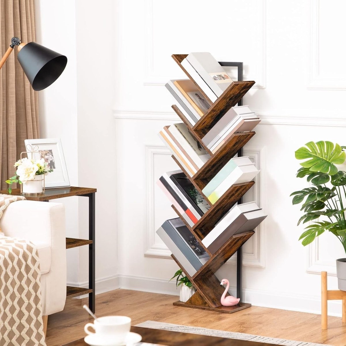 9 Tier Tree Bookshelf Tall Bookcase CD DVD Storage Shelf Rustic Brown - Kwikley
