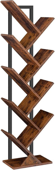 9 Tier Tree Bookshelf Tall Bookcase CD DVD Storage Shelf Rustic Brown - Kwikley