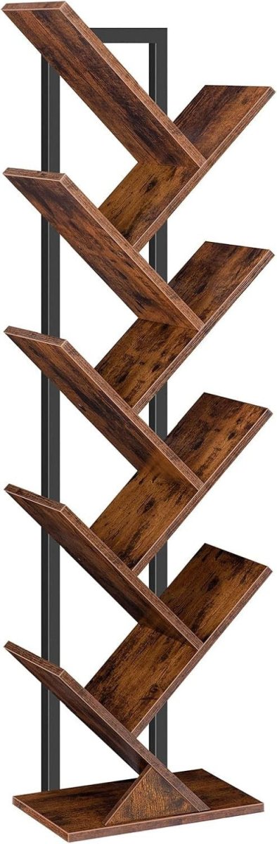 9 Tier Tree Bookshelf Tall Bookcase CD DVD Storage Shelf Rustic Brown - Kwikley