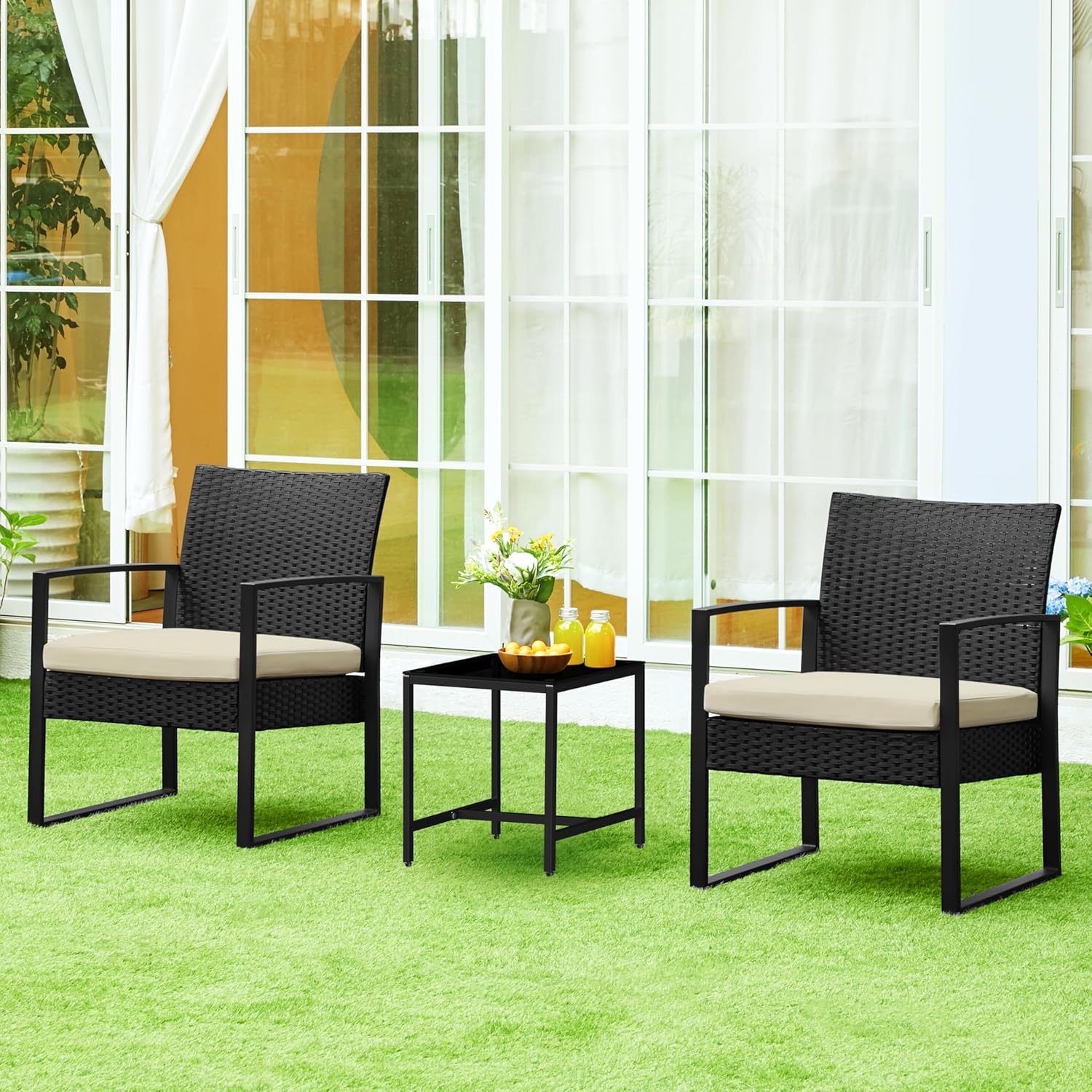 3 Piece Rattan Garden Furniture Set Patio Chairs Table Black