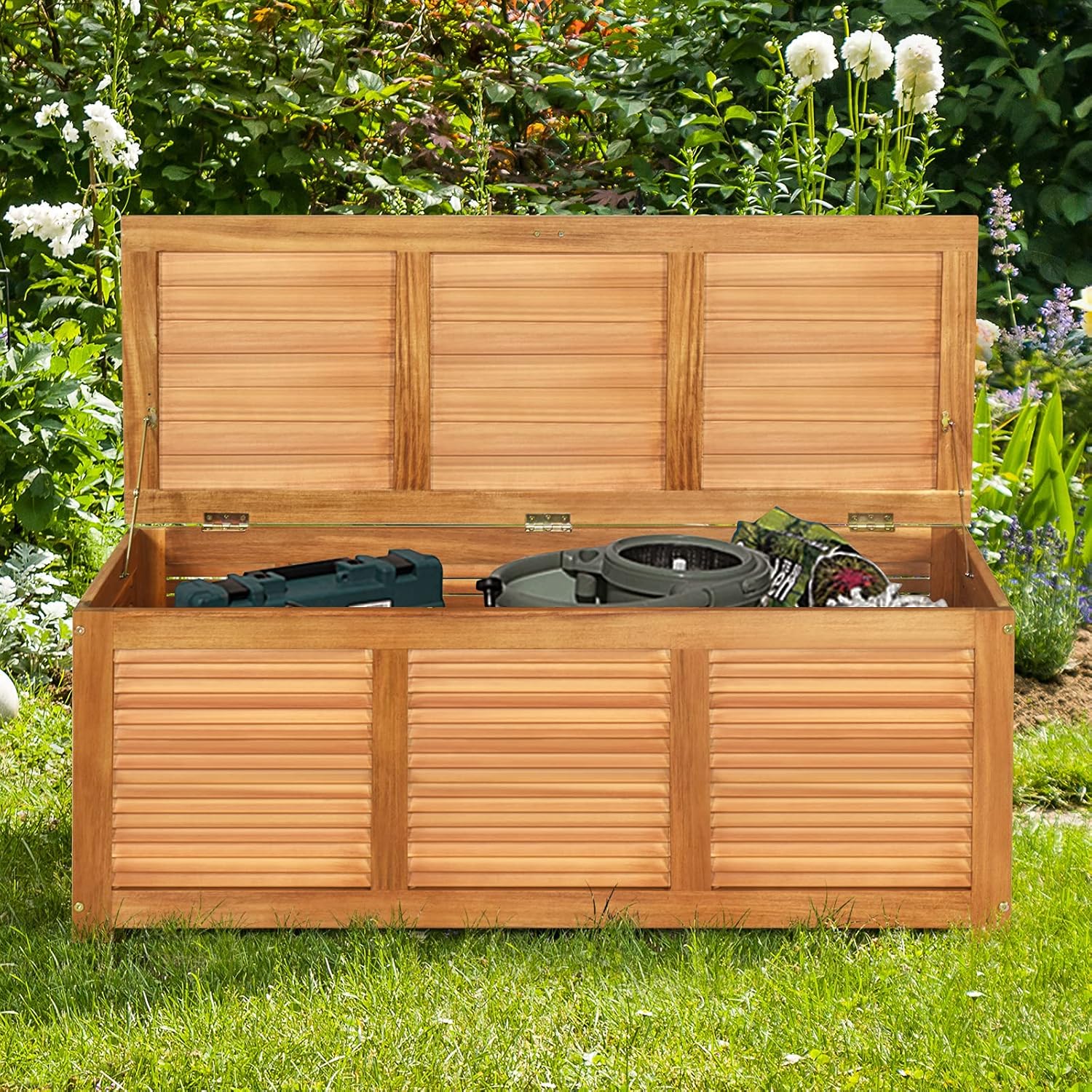 Wooden Garden Storage Bench Box Acacia Deck Chest Cushion Tool Storage