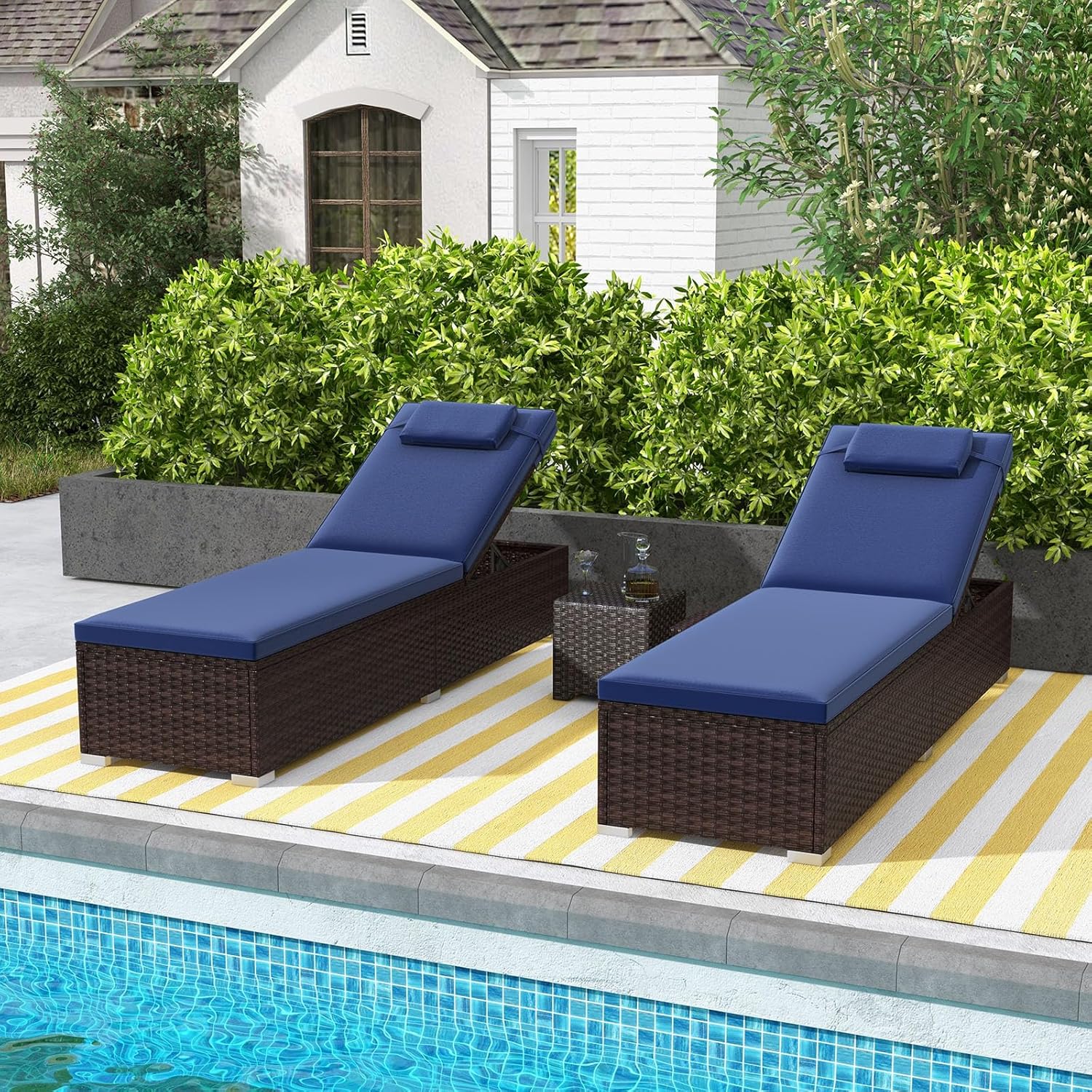 Rattan Sun Lounger Adjustable Garden Chaise with Cushion Table Navy