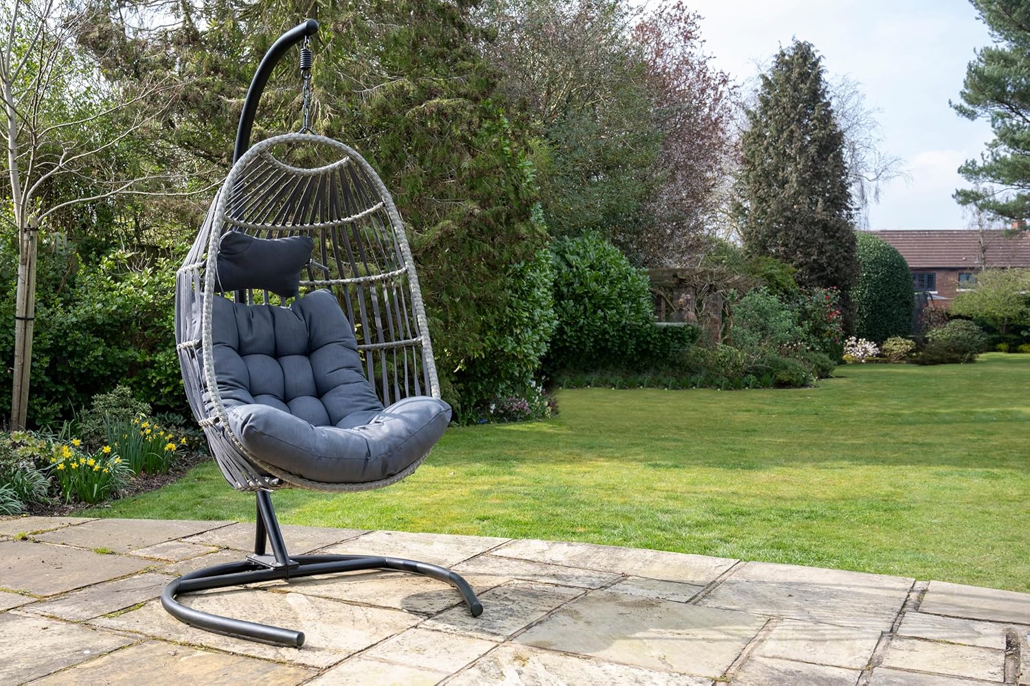 Hanging Egg Chair with Stand Grey Rattan Cushion Set