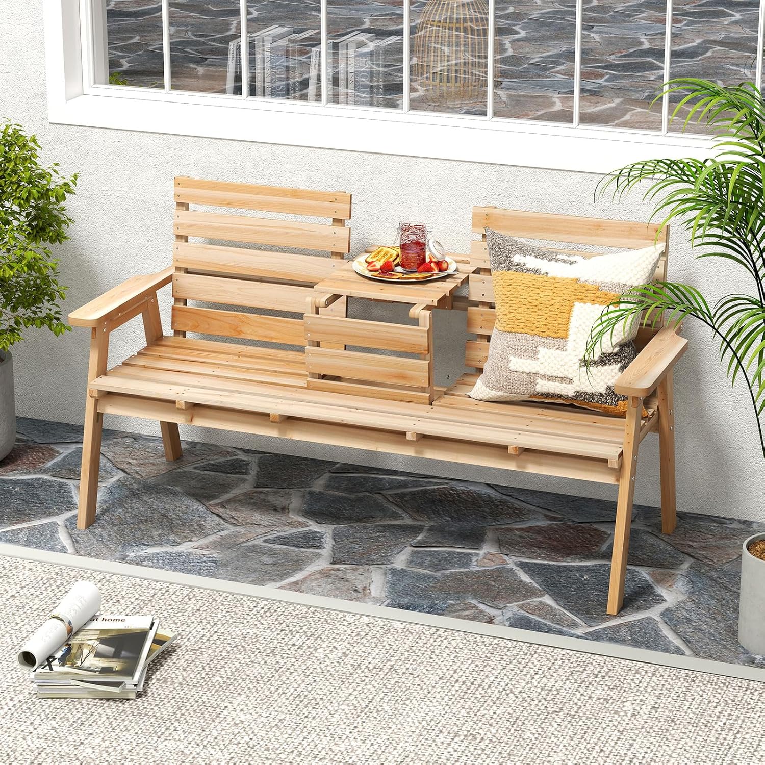 3 Seater Wooden Garden Bench with Foldable Table 160cm
