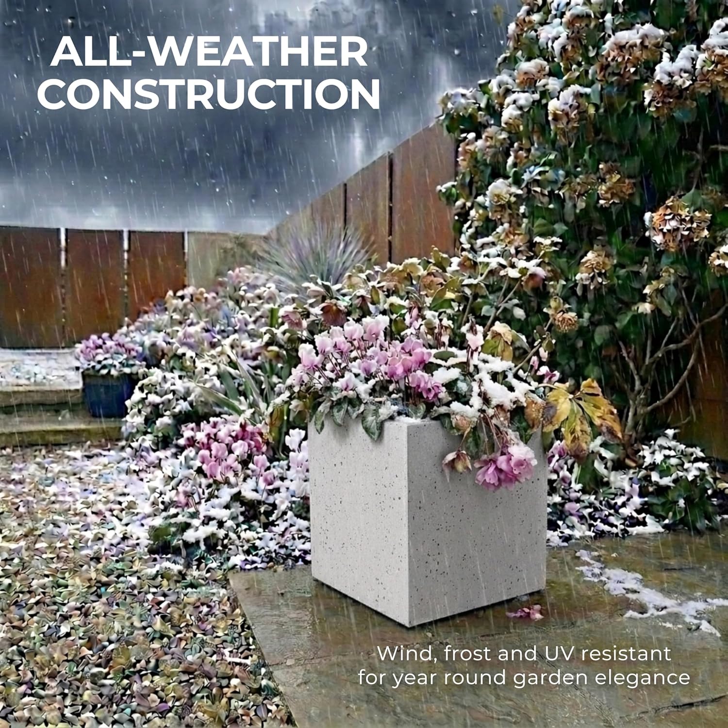 30cm Square Garden Planter Stone Effect Grey Plant Pot Drainage