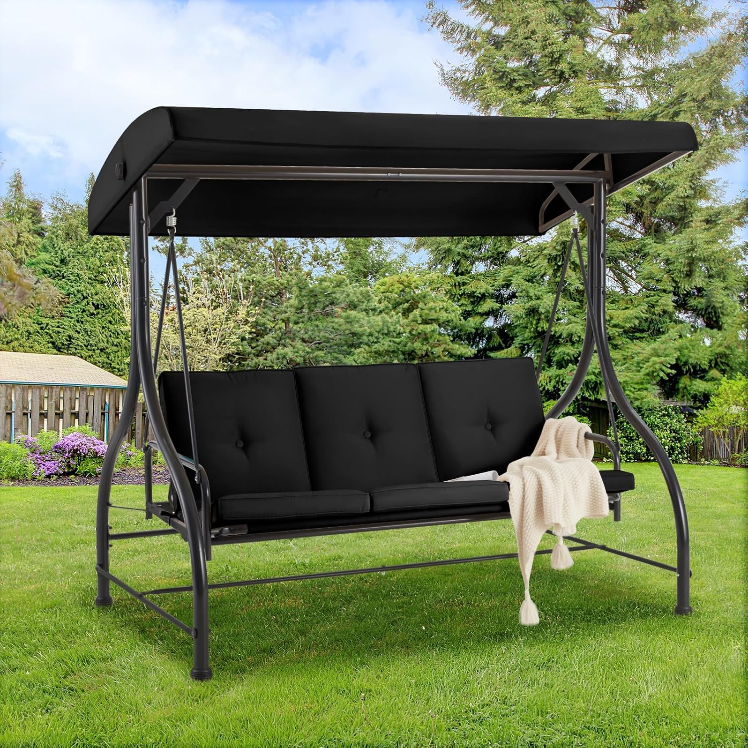 3 Seater Garden Swing Seat Bed Convertible Hammock Chair Black