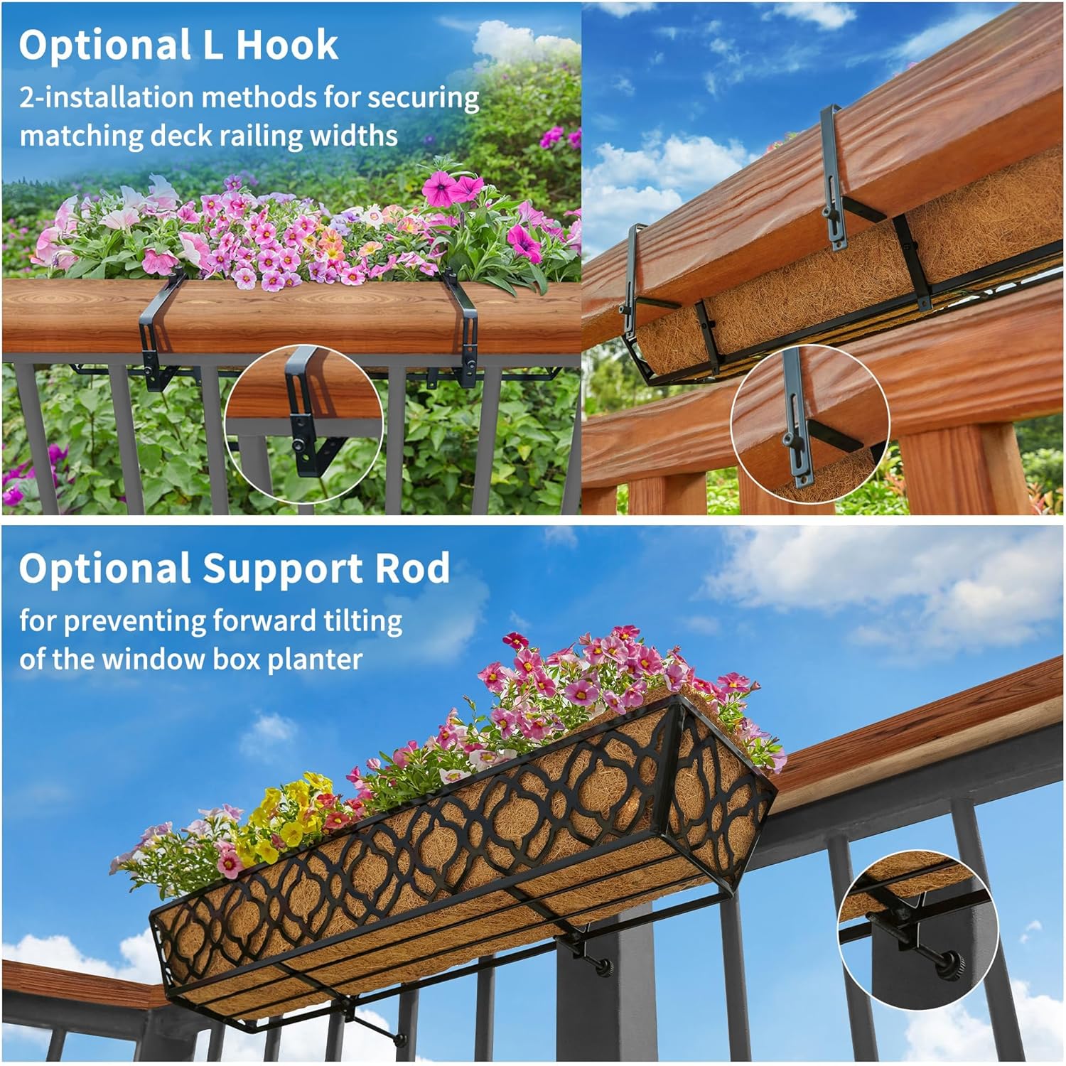24in Railing Planter Box Set 4 Metal Trough Coco Liner