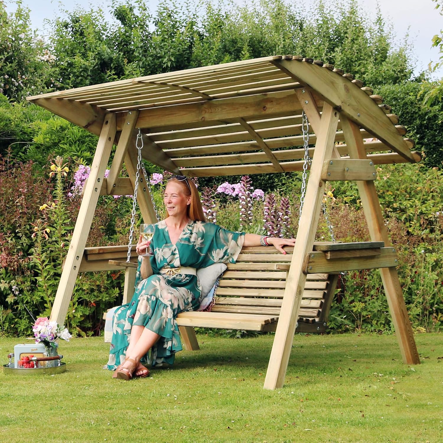 Wooden 2 Seater Garden Swing Seat with Canopy Shelves