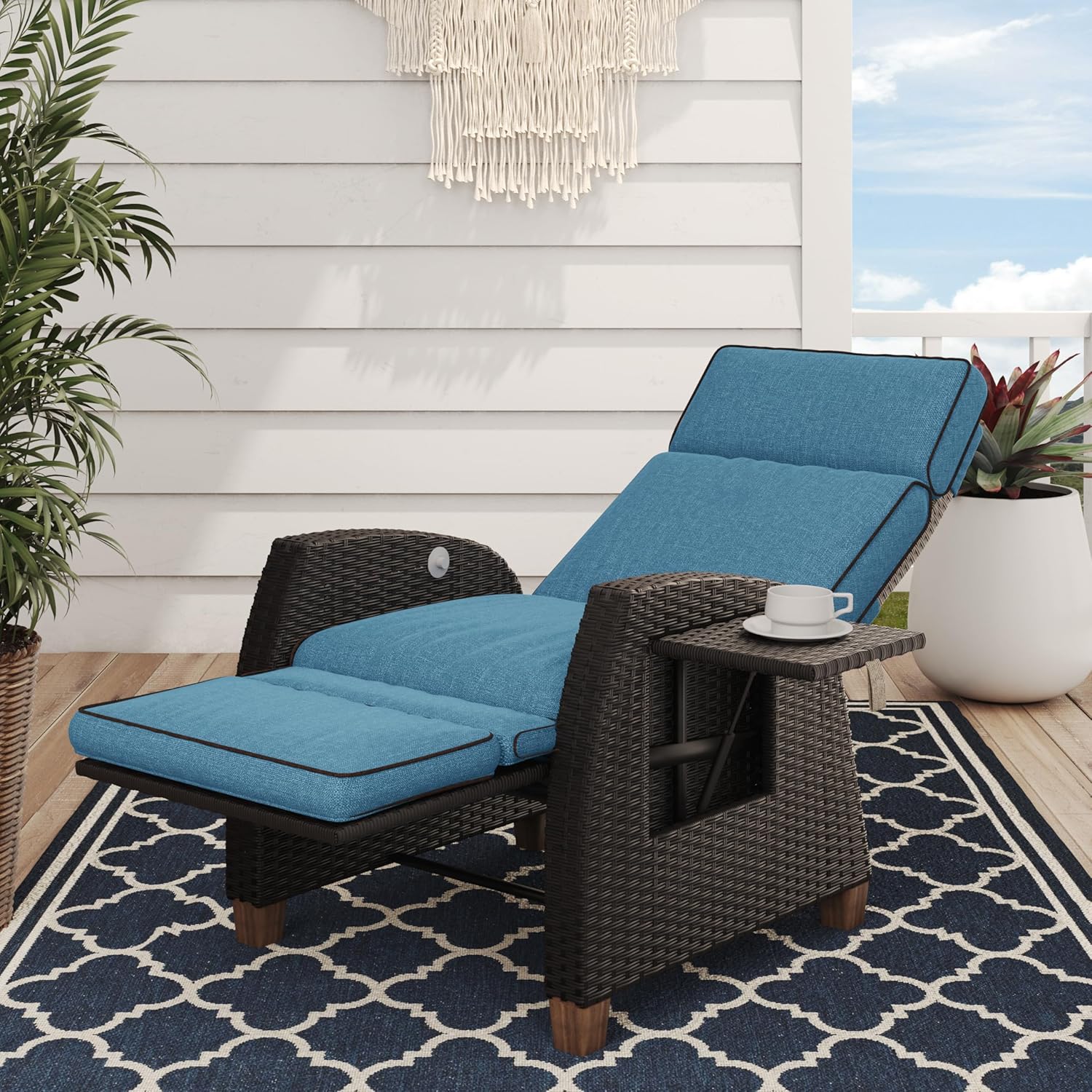Luxury Wicker Recliner Chair Peacock Blue Cushion