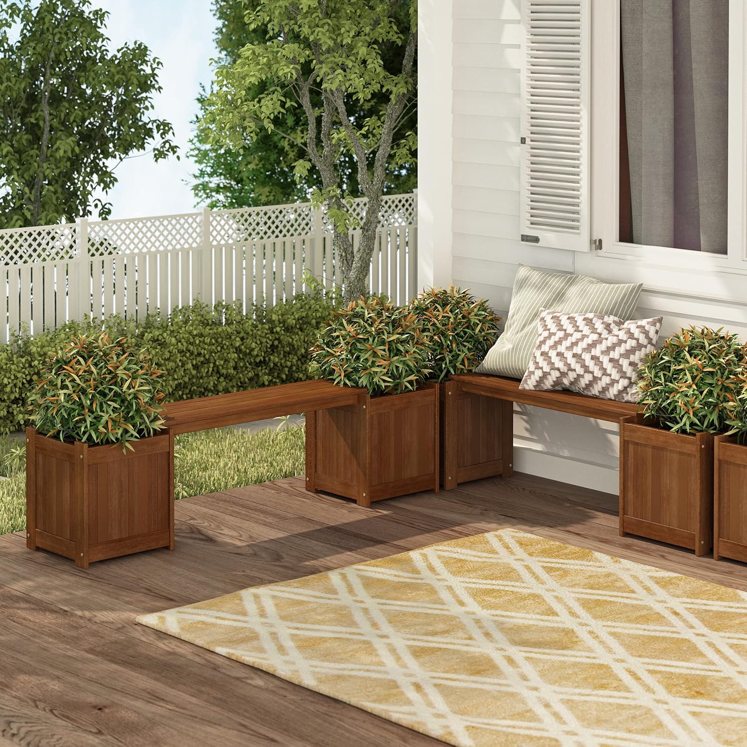 Wood Planter Box with Bench Teak Oil Treated Garden Patio Seat