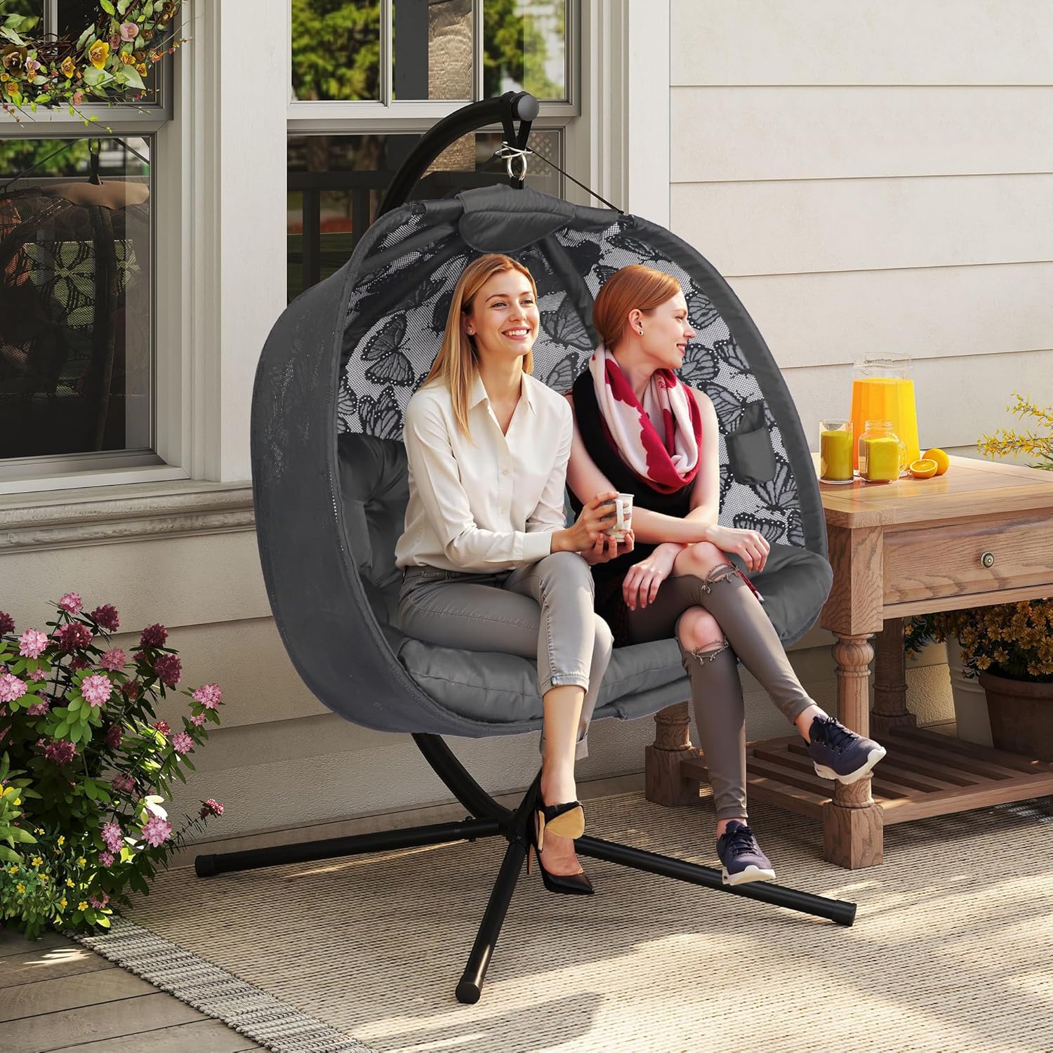 Double Hanging Egg Chair with Stand 2 Seater Plush Cushion Black