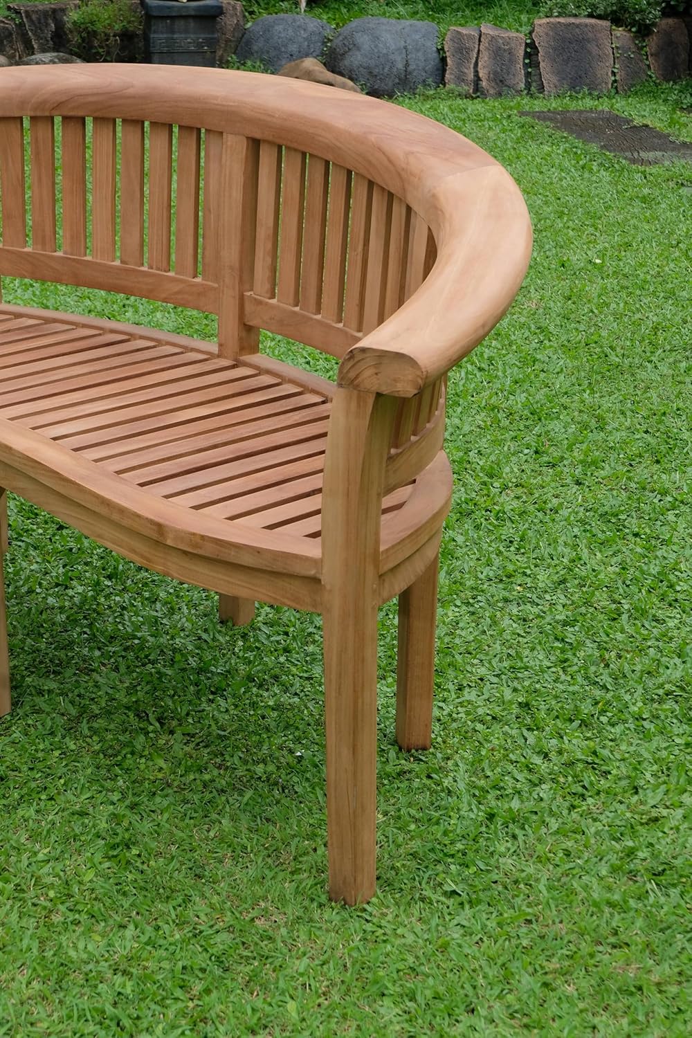 Extra Thick Teak Wood Banana Garden Bench w/ Green Cushion Patio Seat 168cm