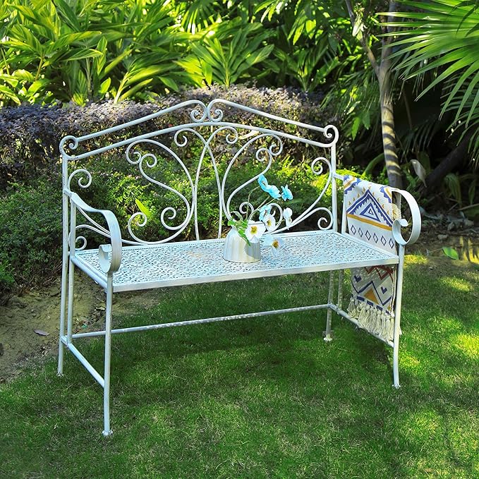 Foldable Metal Garden Bench Vintage Patio Seat White Iron