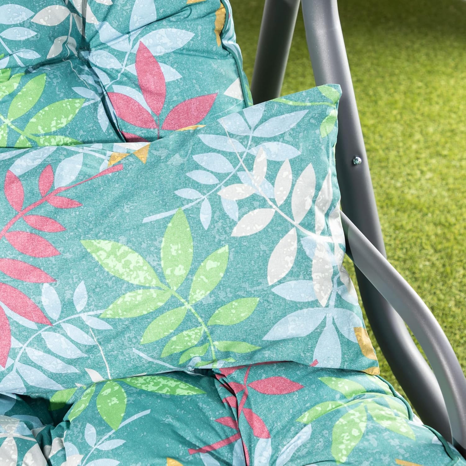 Outdoor 3 Seater Swing Bench Leaf Green Canopy Cushions 250kg