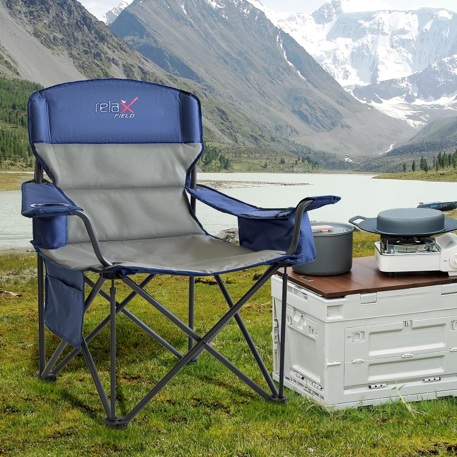 Oversized Camping Chair Heavy Duty 200KG Cooler Blue