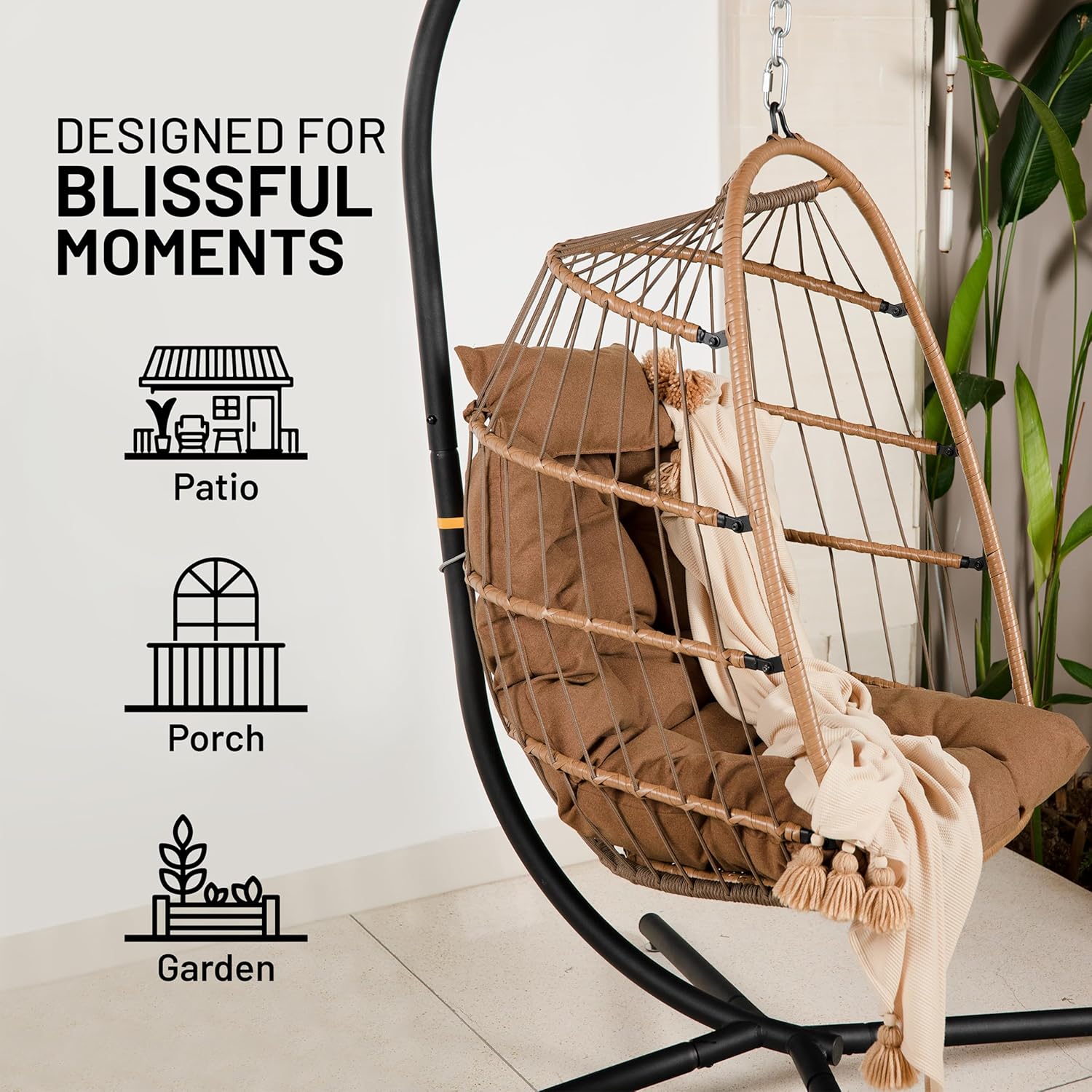 Foldable Rattan Egg Chair with Stand Cushion Brown