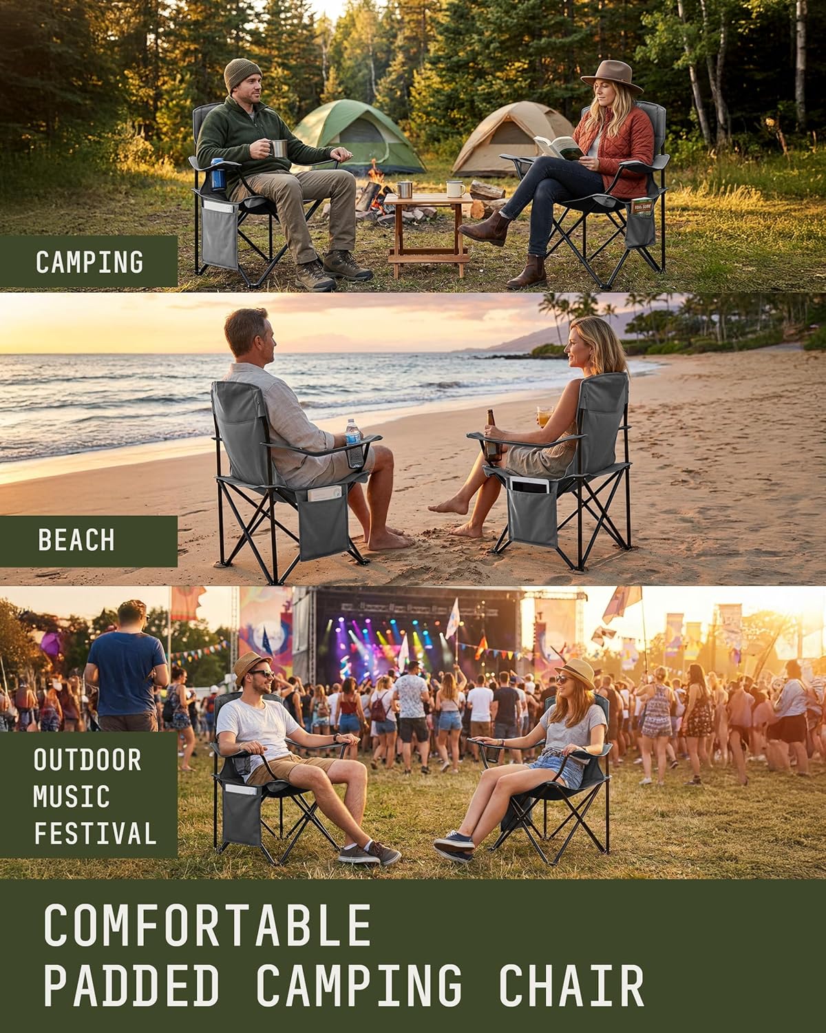Folding Camping Chair 2 Pack Pocket Cup Holder Dark Grey