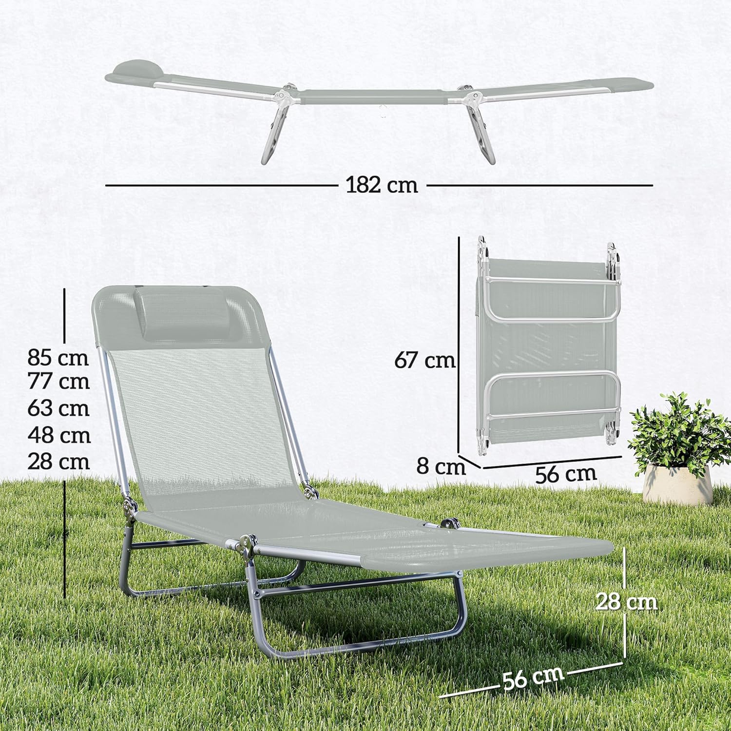 2 Folding Sun Loungers 5 Position Recliner Chairs Grey