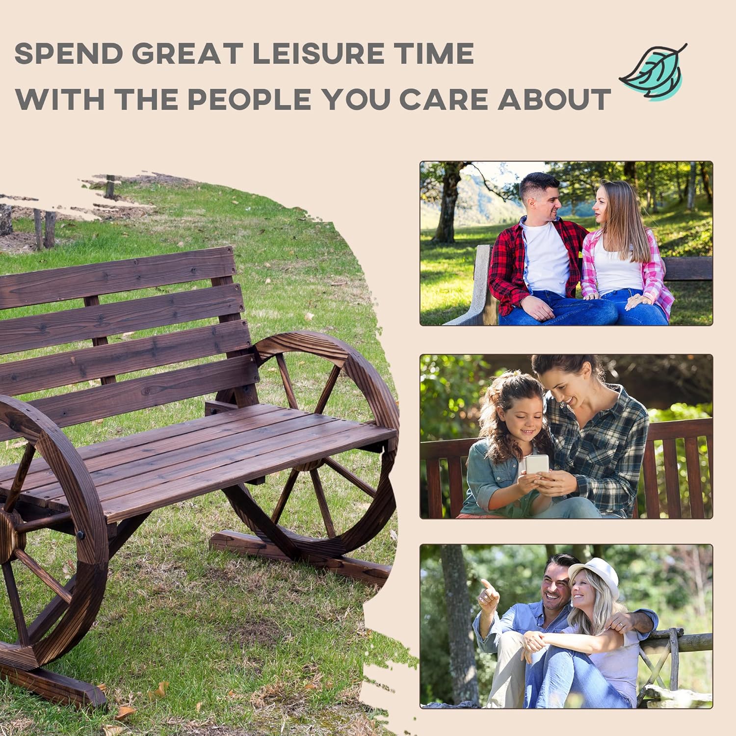Rustic Wooden Garden Bench 2 Seater Wagon Wheel Armrest Patio Seat