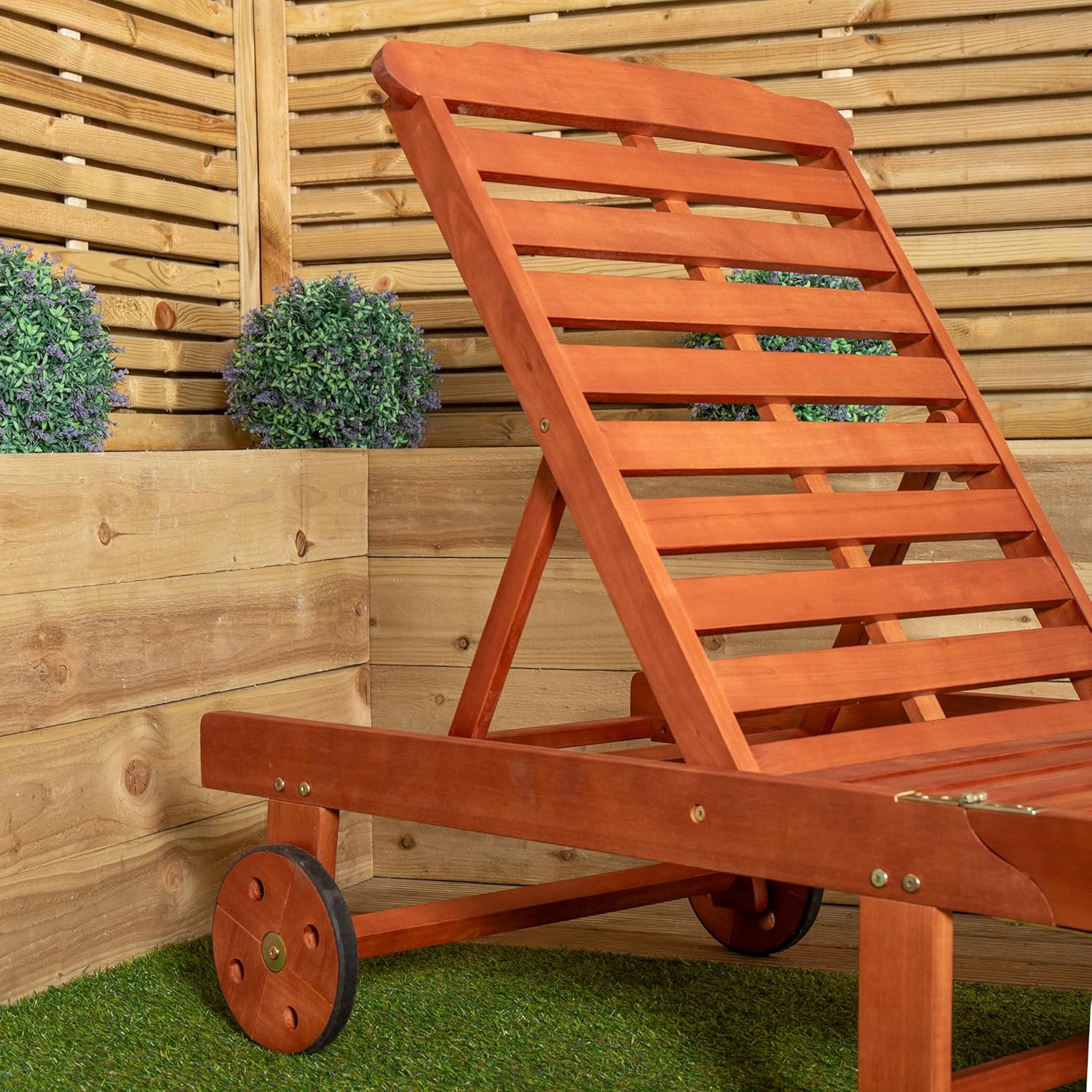 Wooden Sun Lounger with Wheels Foldable Adjustable 1.9m