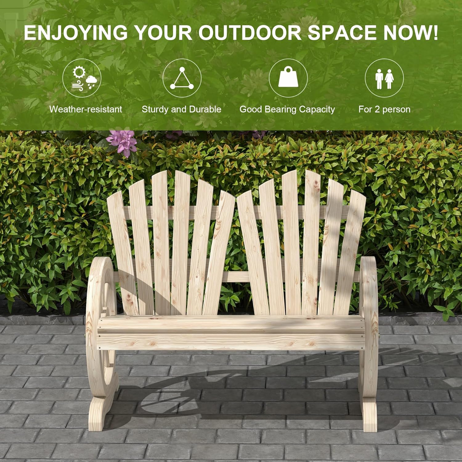 Adirondack 2 Seater Wooden Garden Bench Wagon Wheel Arms