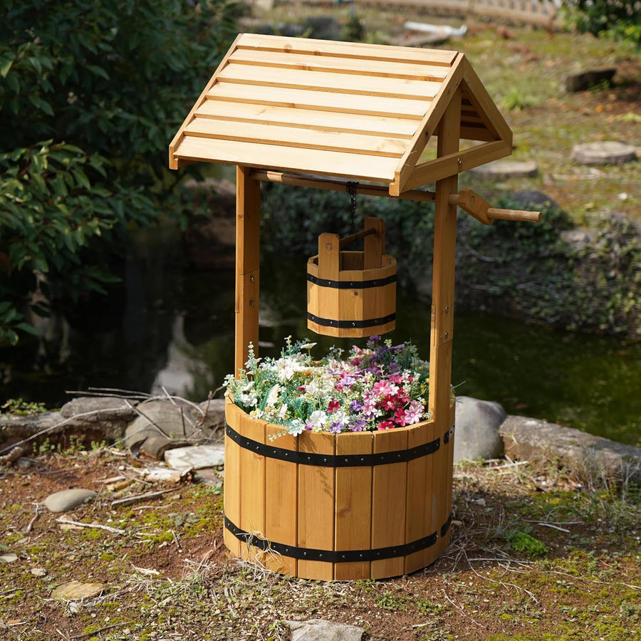 Wooden Wishing Well Planter Rustic Garden Flower Pot 100cm