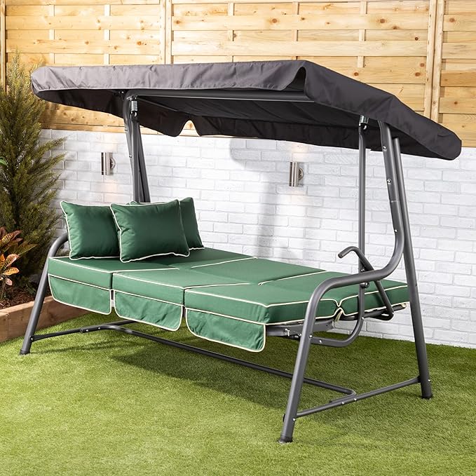 3 Seater Reclining Garden Swing Bed Green Canopy Cushions