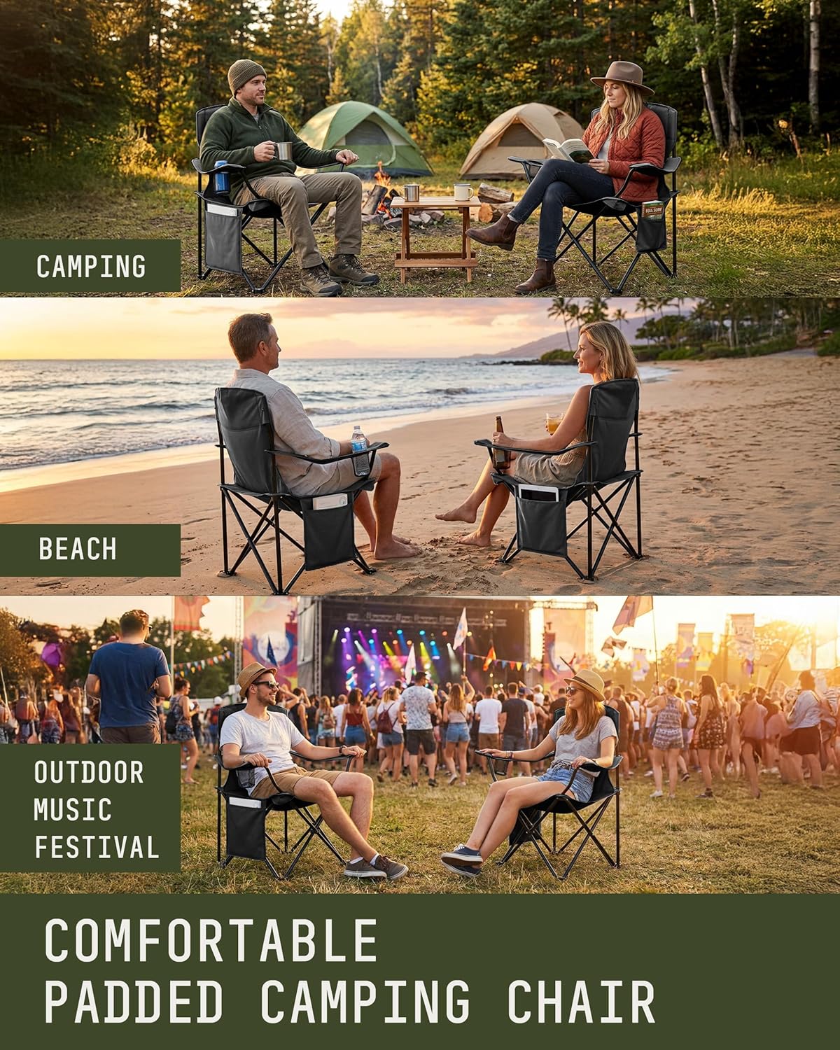 Folding Camping Chair 2 Pack Lightweight Cup Holder Black