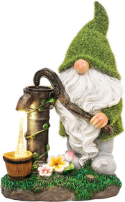Solar Gnome Water Pump Statue Resin Garden Decor Outdoor 22.5cm