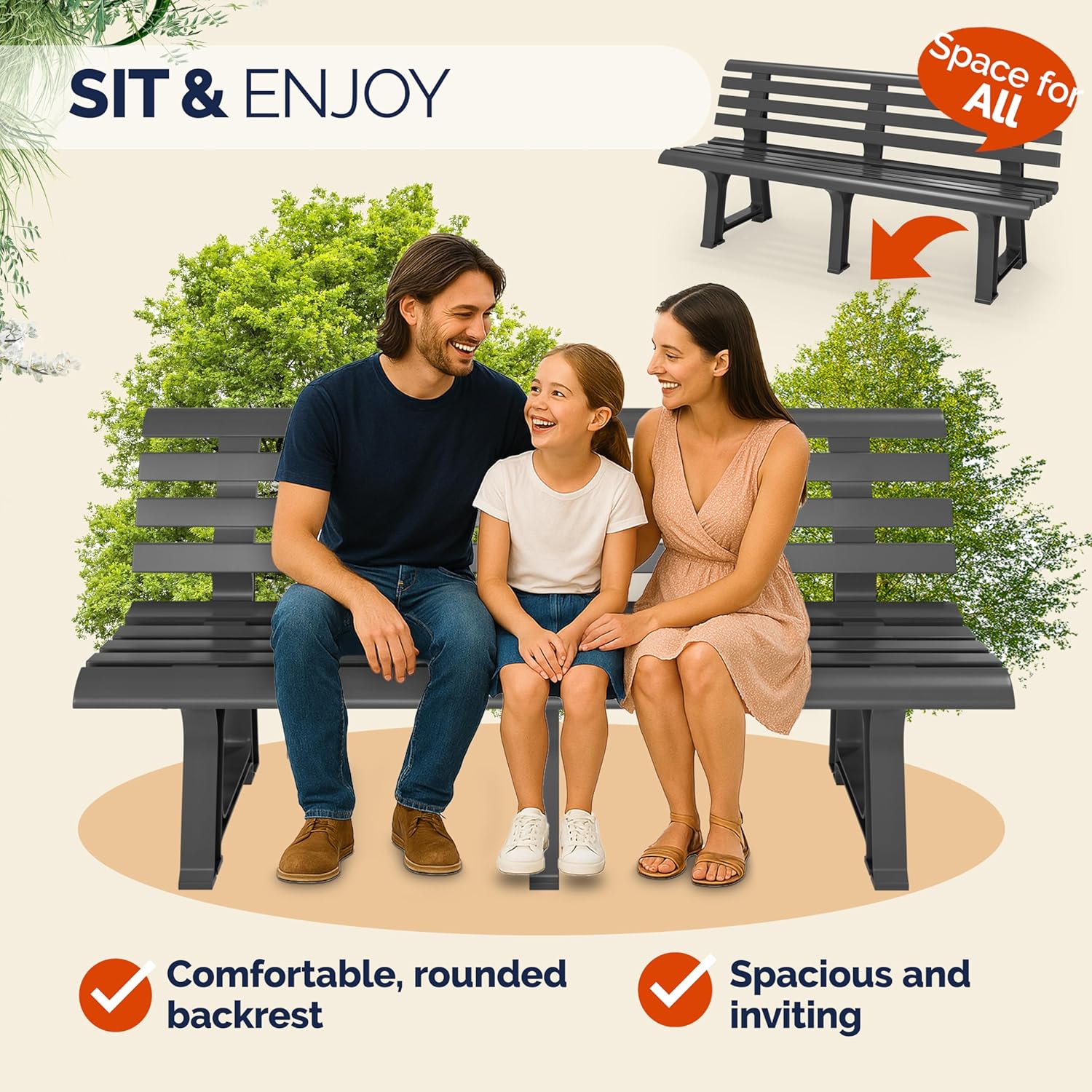 3 Seater Plastic Garden Bench Weatherproof Patio Seat Anthracite