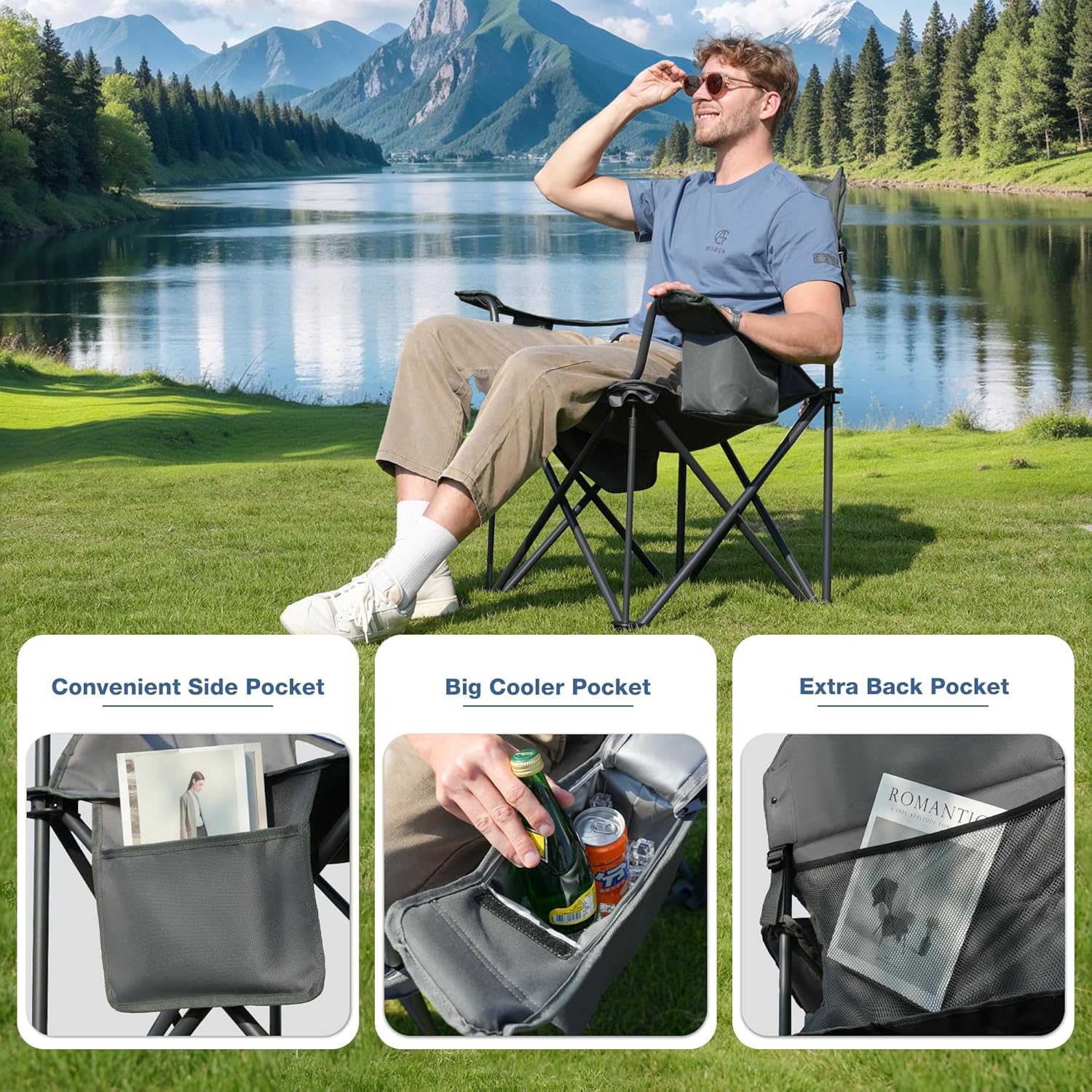 Oversized Camping Chair Heavy Duty Folding 200KG Cup Holder Cooler Grey