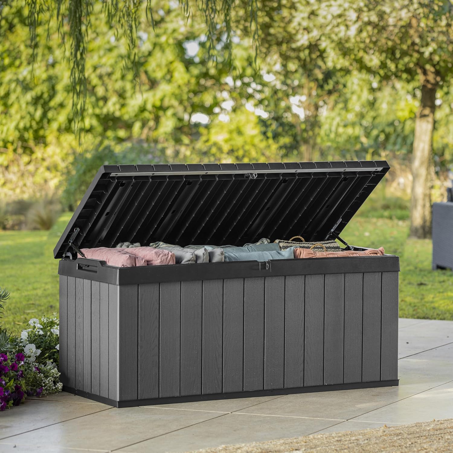 454L Outdoor Garden Storage Bench Box Wood Effect Deck Seat