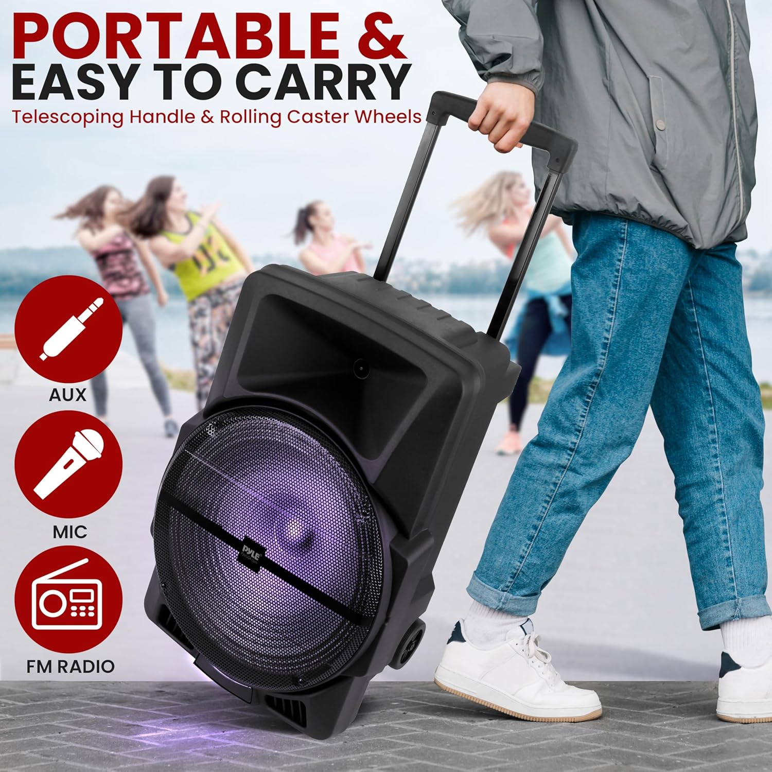 Portable PA Speaker 800W Bluetooth Karaoke LED Wheels Trolley
