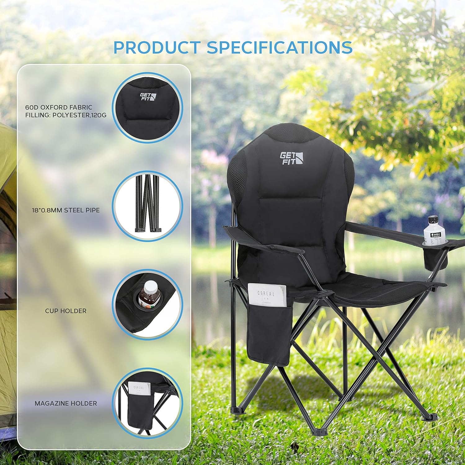 Padded Folding Camping Chair 130KG Black Single
