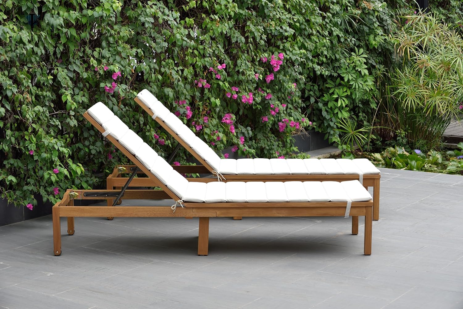 Wooden Patio Chaise Lounger with Grey Cushion Teak Finish