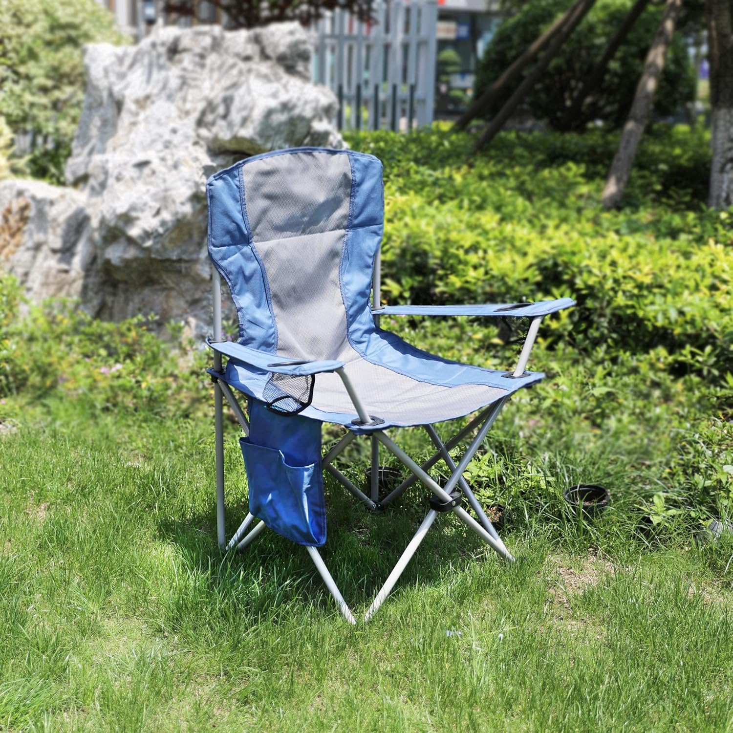 Padded Folding Camping Chair with Side Pocket Blue