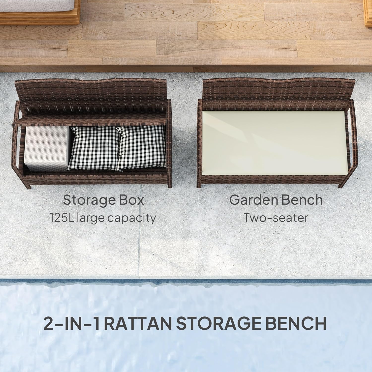 Rattan Garden Storage Bench 2 Seater with Cushion 125L Box