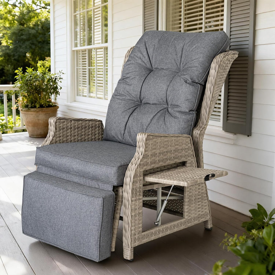 Rattan Reclining Sun Lounger Chair with Cushion Grey