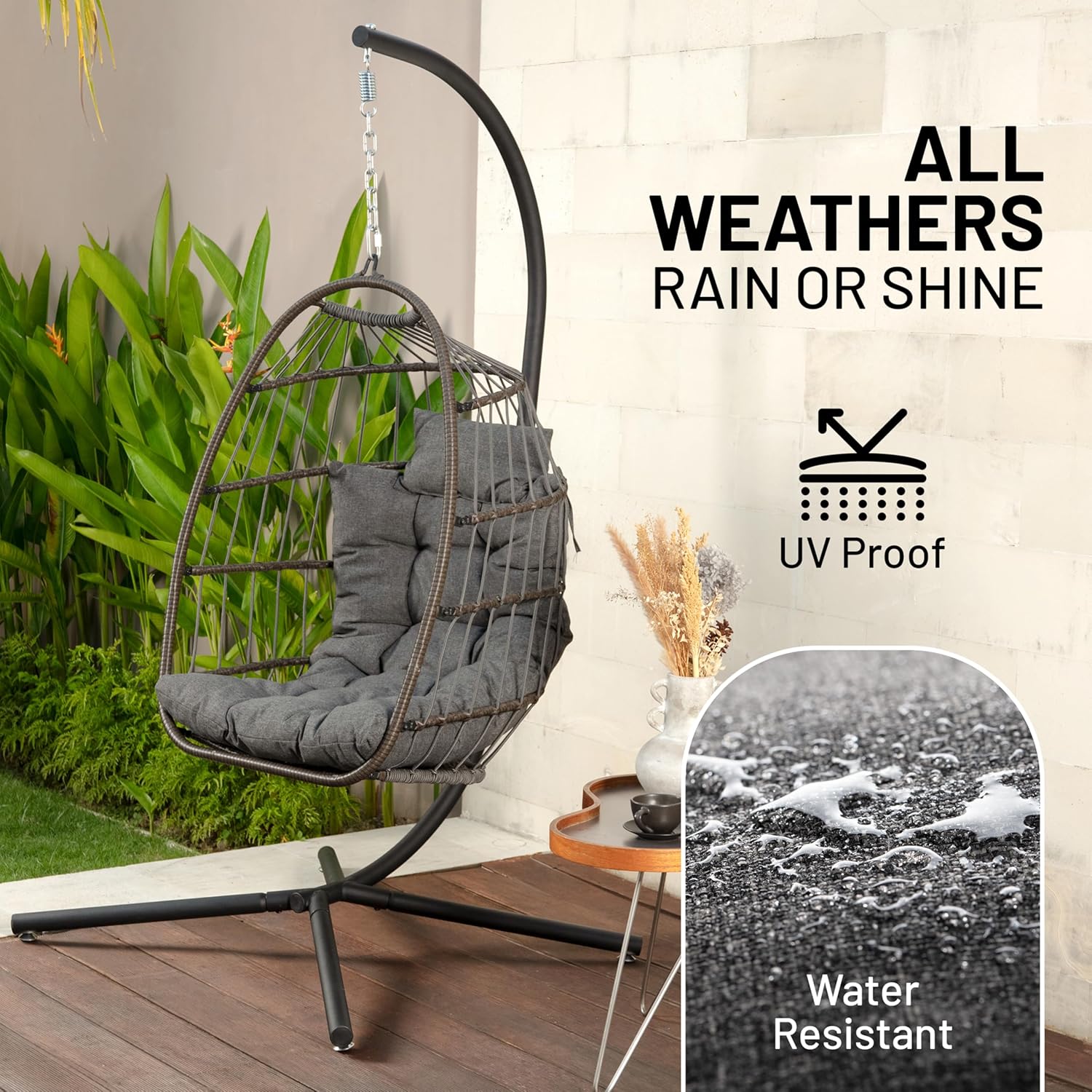 Foldable Hanging Egg Chair With Stand Cushion Deep Grey