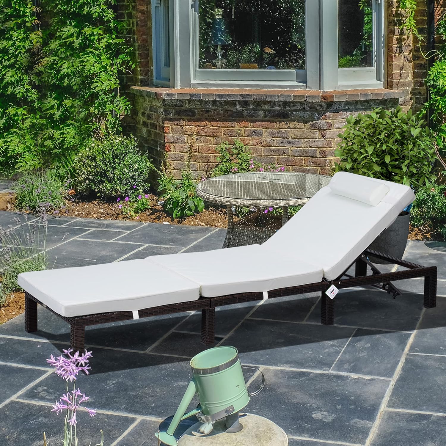 PE Rattan Sun Lounger 5 Level Recliner Cream