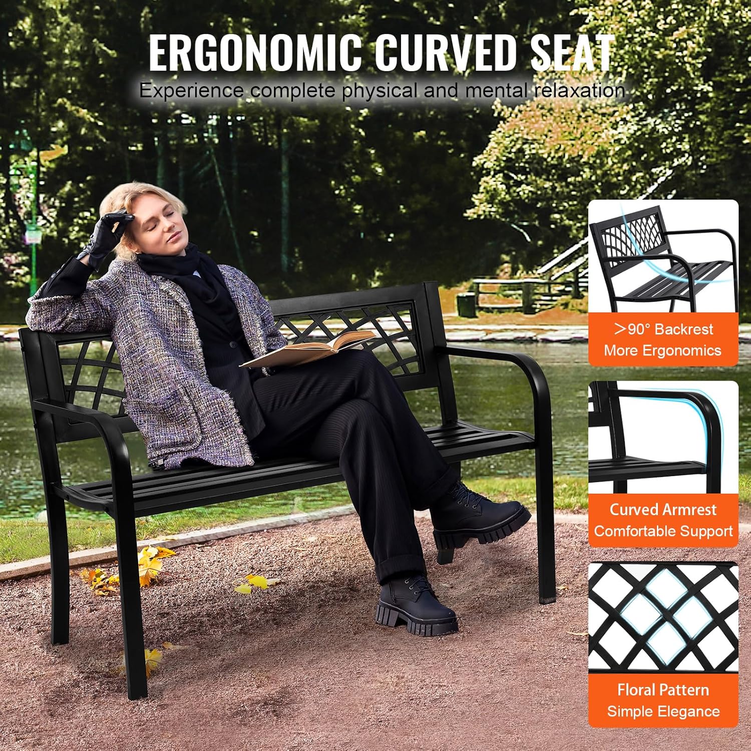 Metal Garden Bench 3 Seater Outdoor Patio Park Seat Black