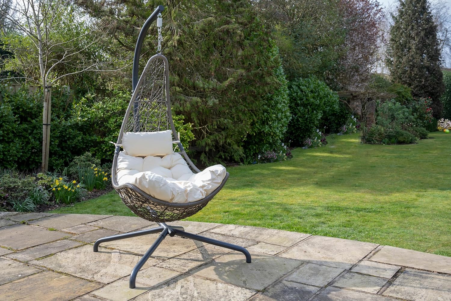 Hanging Swing Chair Rattan Basket Stand Cushion Cream